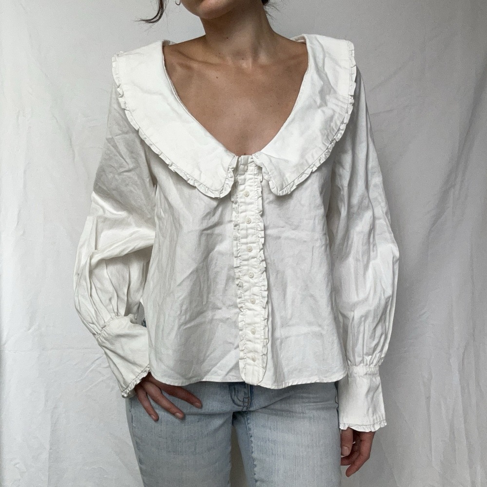 Free People Cotton Peter Pan Collar Blouse Puff Sleeve Boho Cottagecore Coquette